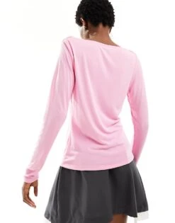 Monki Super Soft Long Sleeve Boat Neck Top In Pink For Women -Monki Shop 205728467 3
