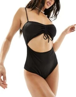 Monki Twist Front Swimsuit In Black For Women