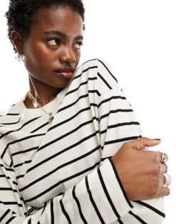 Monki Oversize Long Sleeve Top In Mono Stripe For Women 9 Monki Oversize Long Sleeve Top In Mono Stripe For Women -Monki Shop 205728755 3