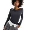 Monki Super Soft Long Sleeve Boat Neck Top In Charcoal Black For Women