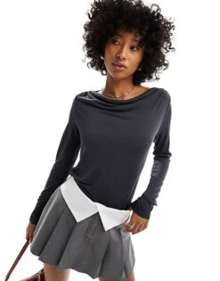 Monki Super Soft Long Sleeve Boat Neck Top In Charcoal Black For Women