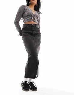 Monki Denim Midi Skirt With Split In Clean Black Wash For Women -Monki Shop 205728874 1 blackwash 1