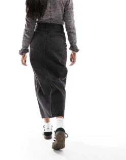 Monki Denim Midi Skirt With Split In Clean Black Wash For Women -Monki Shop 205728874 3