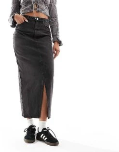 Monki Denim Midi Skirt With Split In Clean Black Wash For Women -Monki Shop 205728874 4