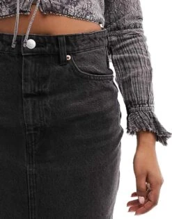 Monki Denim Midi Skirt With Split In Clean Black Wash For Women -Monki Shop 205728874 5