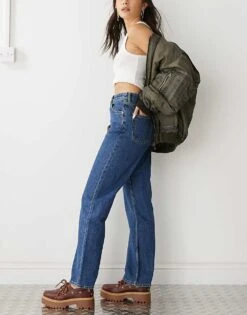 Monki Taiki High Waist Mom Jeans In Dark Blue For Women Mid Indigo Blue -Monki Shop 205731415 3