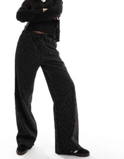 Monki Drawstring Straight Leg Trousers In Black Pinstripe For Women -Monki Shop 205746066 1 blackpinstripe 1