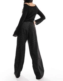 Monki Drawstring Straight Leg Trousers In Black Pinstripe For Women -Monki Shop 205746066 3