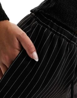 Monki Drawstring Straight Leg Trousers In Black Pinstripe For Women -Monki Shop 205746066 4