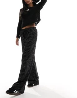 Monki Drawstring Straight Leg Trousers In Black Pinstripe For Women -Monki Shop 205746066 5