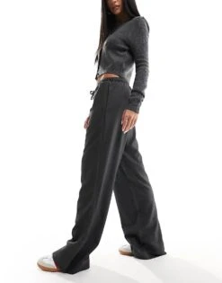 Monki Drawstring Straight Leg Trousers In Dark Grey Melange For Women -Monki Shop 205746112 5