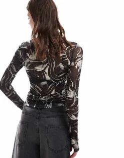 Monki Long Sleeve Mesh Top In Black For Women -Monki Shop 205746219 4