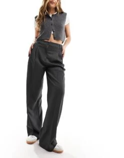 Monki High Waist Wide Leg Tailored Trousers In Dark Grey For Women