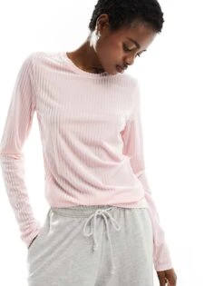Monki Long Sleeve Ribbed Velour Top In Pink For Women -Monki Shop 205801158 4