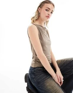 Monki Super Soft Slash Neck Tank Top In Grey For Women -Monki Shop 205870427 4