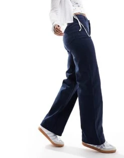 Monki Stretch Cotton Wide Leg Trousers In Navy For Women -Monki Shop 205895616 1 navy 1