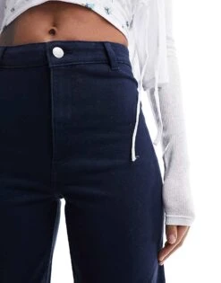 Monki Stretch Cotton Wide Leg Trousers In Navy For Women -Monki Shop 205895616 4