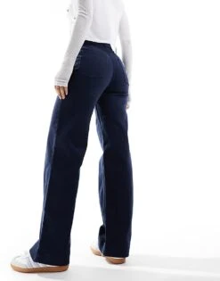 Monki Stretch Cotton Wide Leg Trousers In Navy For Women -Monki Shop 205895616 5