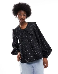 Monki Long Sleeve Collar Blouse In Black And White Polka Dot Print For Women -Monki Shop 205895697 1 blackandwhite 1