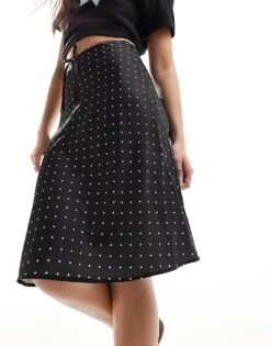Monki Satin A-line Midi Skirt With Front Bow Detail In Black And White Polka Dot For Women -Monki Shop 205895719 1 blackandwhite 1