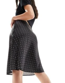 Monki Satin A-line Midi Skirt With Front Bow Detail In Black And White Polka Dot For Women -Monki Shop 205895719 5
