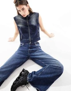 Monki Kiri Low Waist Loose Fit Flared Jeans In Dark Blue Wash For Women -Monki Shop 205895741 5