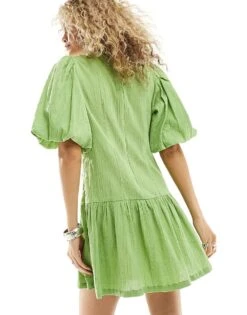 Monki Short Balloon Sleeve Mini Dress With Pleated Volume Bottom In Green For Women -Monki Shop 205895825 4