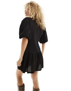 Monki Short Balloon Sleeve Mini Dress With Pleated Volume Bottom In Black For Women -Monki Shop 205895948 4