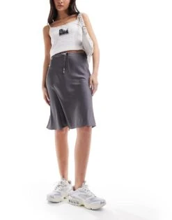 Monki Satin A-line Midi Skirt With Front Bow Detail In Grey For Women -Monki Shop 205895956 1 grey 1