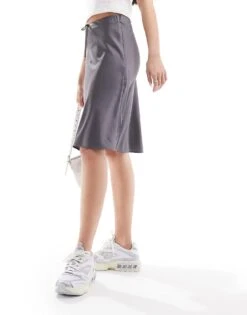 Monki Satin A-line Midi Skirt With Front Bow Detail In Grey For Women -Monki Shop 205895956 4