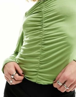 Monki Ruched Front Long Sleeve Top In Green For Women -Monki Shop 205896057 4