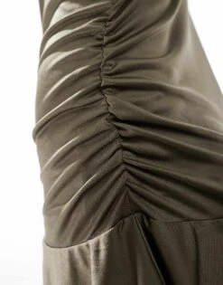 Monki Scoop Neck Long Sleeve Mini Dress With Ruffle Detail In Khaki For Women -Monki Shop 205896067 3