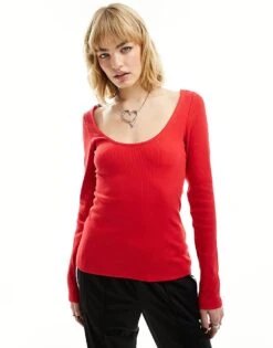 Monki Long Sleeve Scoop Back Top In Red For Women -Monki Shop 205896093 1 red 1