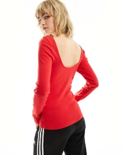 Monki Long Sleeve Scoop Back Top In Red For Women -Monki Shop 205896093 4
