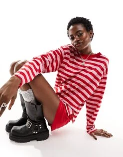 Monki Long Sleeve Top In Red And Pink Stripes For Women Pink And Red -Monki Shop 205896113 1 pinkandred 1
