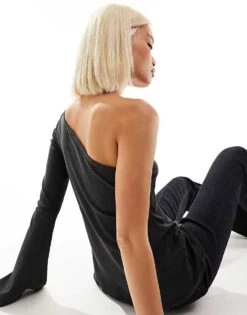 Monki Long Sleeve One Shoulder Top In Black 90s Wash For Women Black Acid Wash -Monki Shop 205896149 3