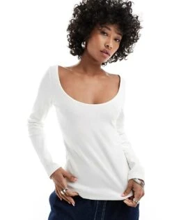 Monki Long Sleeve Scoop Back Top In Off White For Women