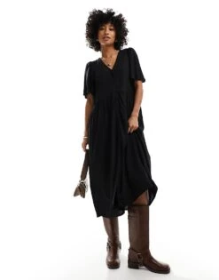 Monki Short Sleeve Button Through Midi Dress In Black For Women -Monki Shop 205896192 1 black 1