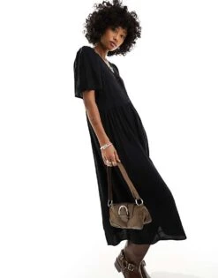 Monki Short Sleeve Button Through Midi Dress In Black For Women -Monki Shop 205896192 2