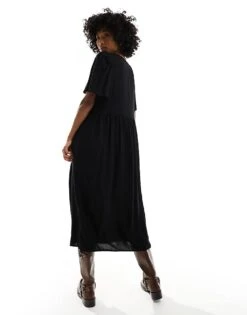 Monki Short Sleeve Button Through Midi Dress In Black For Women -Monki Shop 205896192 3