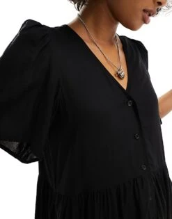 Monki Short Sleeve Button Through Midi Dress In Black For Women -Monki Shop 205896192 4