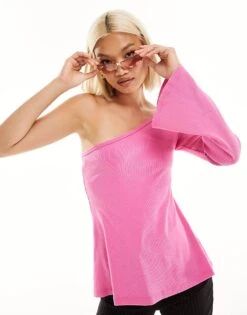 Monki Long Sleeve One Shoulder Top In Pink 90s Wash For Women Pink Acid Wash