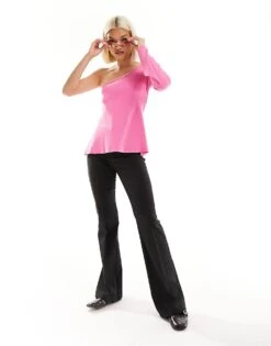 Monki Long Sleeve One Shoulder Top In Pink 90s Wash For Women Pink Acid Wash -Monki Shop 205896203 3