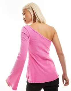 Monki Long Sleeve One Shoulder Top In Pink 90s Wash For Women Pink Acid Wash -Monki Shop 205896203 4