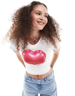 Monki Short Sleeve Shrunken Baby Tee In White With Pink Heart Graphic Print For Women