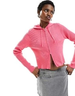 Monki Knitted Zip Through Cardigan With Hood In Pink For Women
