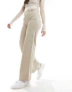 Monki Stretch Cotton Wide Leg Trousers In Beige For Women -Monki Shop 205897516 3