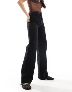 Monki Stretch Cotton Wide Leg Trousers In Black For Women -Monki Shop 205897525 3