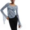 Monki Long Sleeve Trumpet Sleeve Lace Top In Dusty Blue For Women