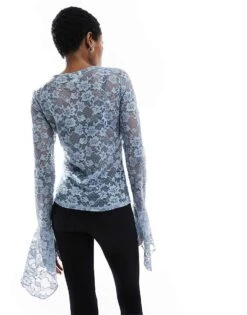 Monki Long Sleeve Trumpet Sleeve Lace Top In Dusty Blue For Women -Monki Shop 206078803 3